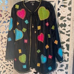 Vintage JA Resort 100% Silk Kimono Jacket – Heart Appliqués Wearable Art –Large